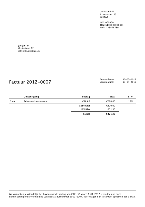 Voorbeeld factuur eenmanszaak